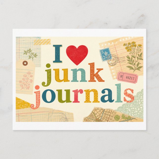 "Ich [Herz] Junk Journals" Postkarte (Vorderseite)
