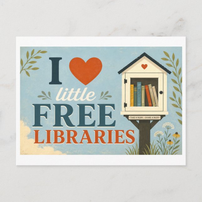"Ich [Herz] Little Free Libraries" Postkarte (Vorderseite)