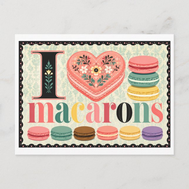 "Ich [Herz] Macarons" Postkarte (Vorderseite)
