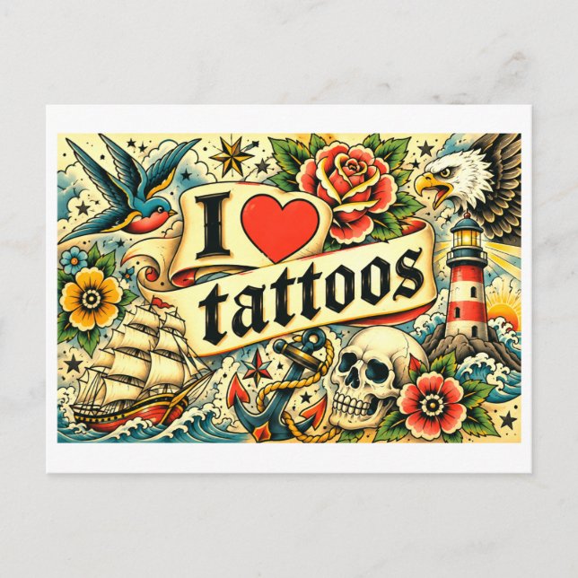 "Ich [Herz] Tattoos" Postkarte (Vorderseite)