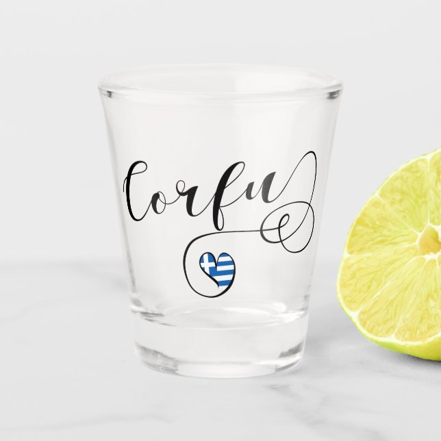 Ich höre Korfu, griechische Flagge, Kerkyra Schnapsglas (Vorderseite)