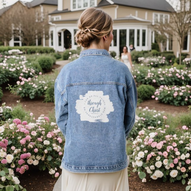 Ich kann alles tun, was dumm Blue Script Bible Ver Jeansjacke (Hochzeit Rückseite)