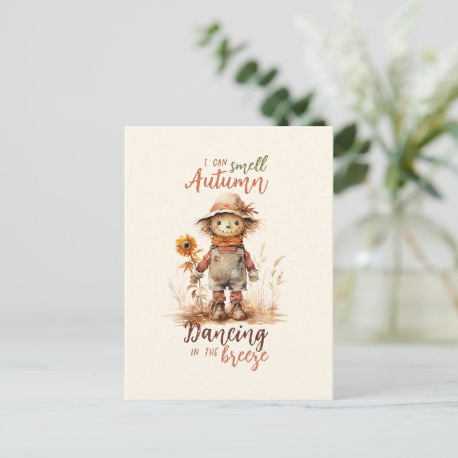 Ich kann Herbst riechen - rustikale Vogelscheuche  Postkarte (Stehend Vorderseite)