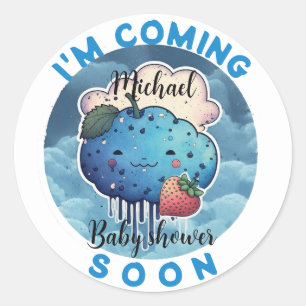 Ich komme bald Funny Blue Strawberry Baby Dusche Runder Aufkleber