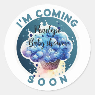 Ich komme bald Lustiger Blaubeerkuchen Baby Shower Runder Aufkleber