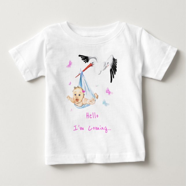 Ich komme. Stork Tragend Baby Fun hinzufügen Text/ Baby T-shirt (Vorderseite)