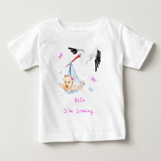 Ich komme. Stork Tragend Baby Fun hinzufügen Text/ T-shirt (Vorderseite)