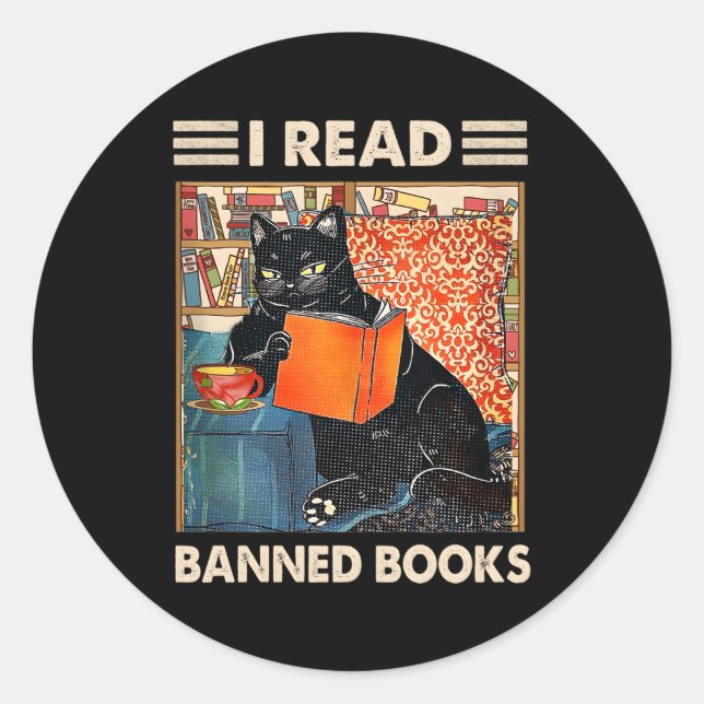 Ich lese Banned Books Black Cat Reader Bookworm Runder Aufkleber (Vorderseite)