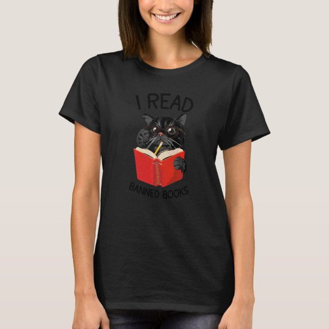 Ich lese verbotene Bücher Black Cat Reader Bibliot T-Shirt (Vorderseite)