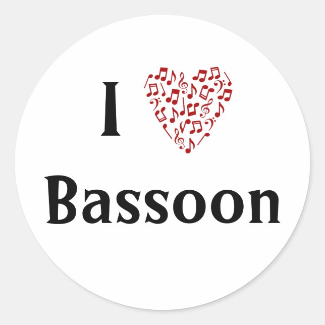 Ich Liebe Bassoon Red Heart of Musiknotens Runder Aufkleber (Vorderseite)