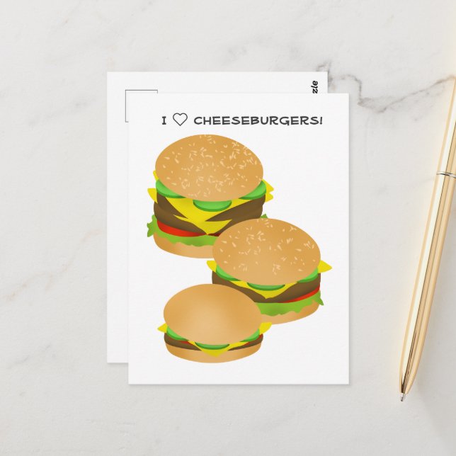 Ich liebe Cheeseburger Postkarte (Vorderseite/Rückseite Beispiel)