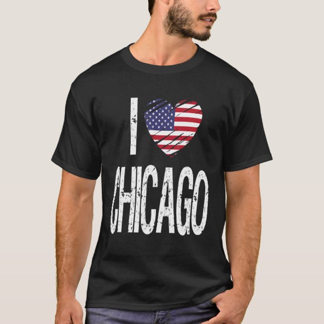 Ich Liebe Chicago mit amerikanischer Flagge T-Shirt (Vorderseite)