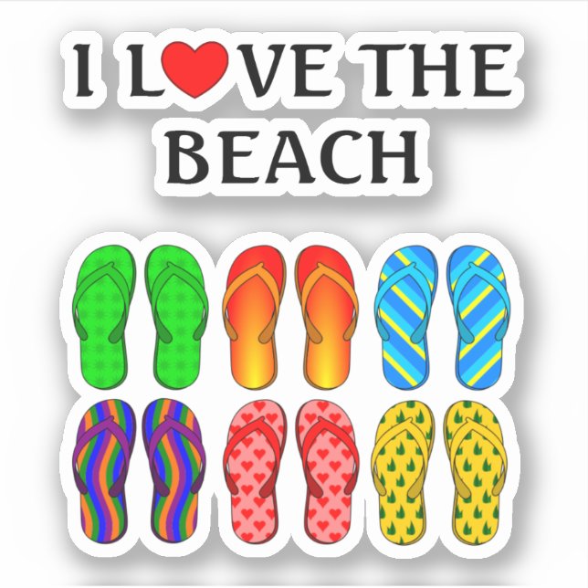 Ich Liebe den Strand, farbenfrohe Flip Flops Aufkleber (Vorderseite)