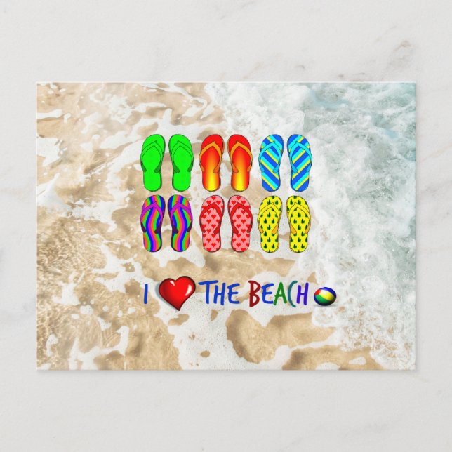 Ich Liebe den Strand und farbenfrohe Flip Flops Postkarte (Vorderseite)