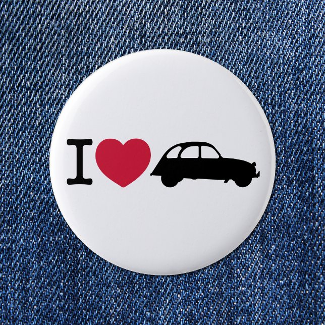 Ich liebe Deux Chevaux Oldtimer Button (I love 2CV Button in White with a Black Typography and Illustration)