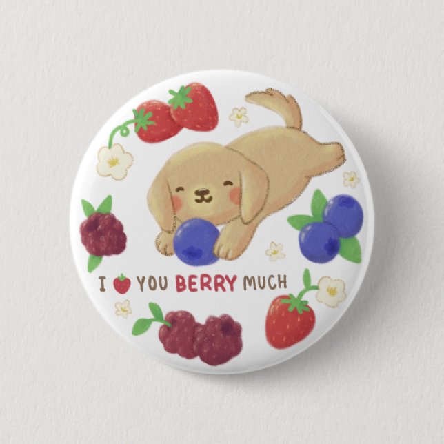 Ich liebe dich Beeren viel: Süßer Hund mit Beeren Button (Vorderseite)