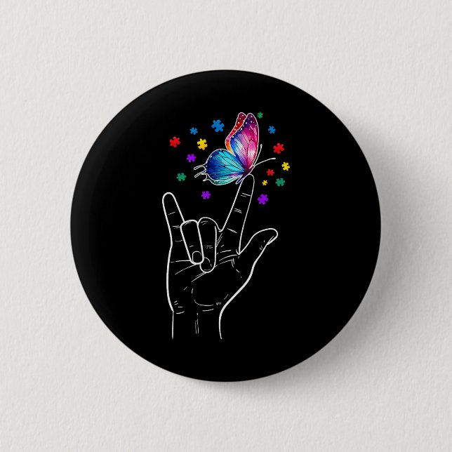 Ich liebe dich Handzeichensprache Schmetterling Au Button (Vorderseite)