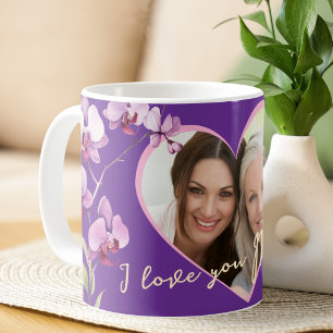 Ich liebe dich Mama lila Orchideen Herz Foto Kaffeetasse
