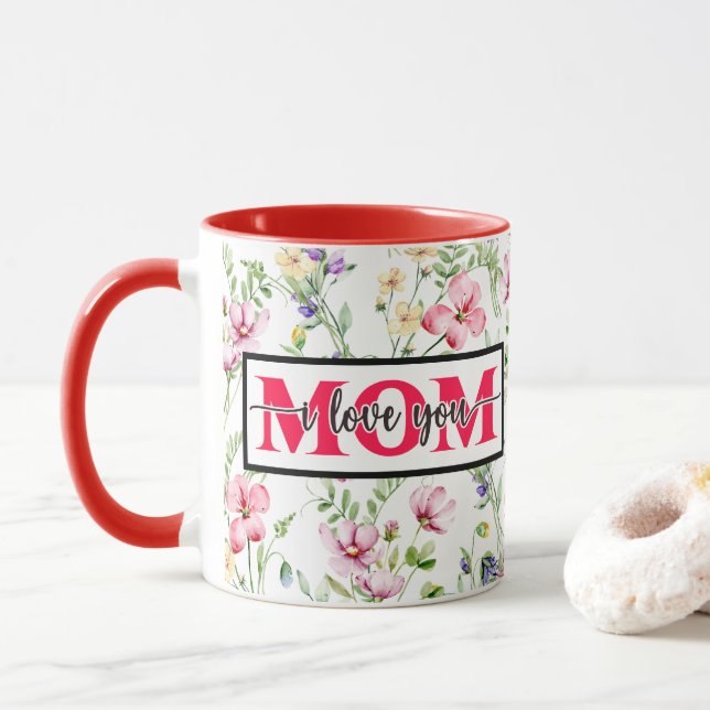 "Ich liebe Dich MUTTER" Rosa Wasserfarbe Floral Tasse (Mit Donut)