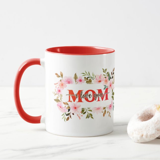 "Ich liebe dich MUTTER" Rosa Wasserfarben-Rosen Tasse (Mit Donut)