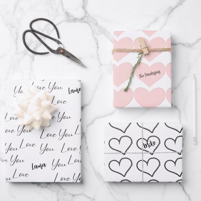 Ich Liebe dich, rosa Herzen Personalisiert Geschenkpapier Set (Vorderseite)