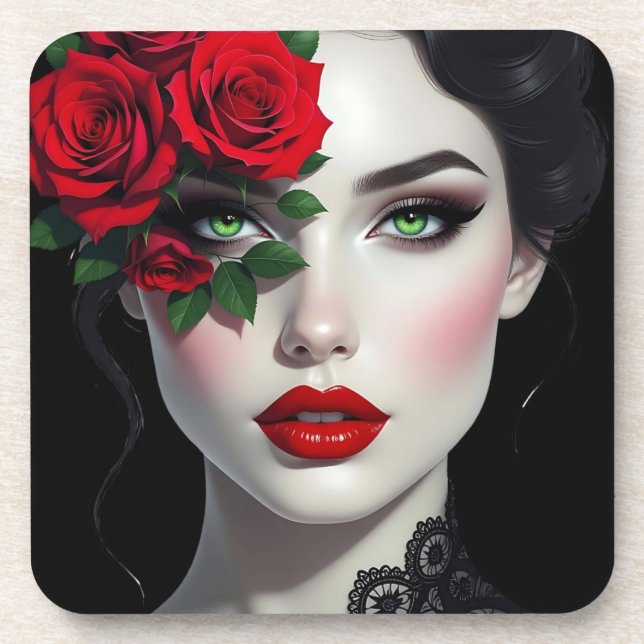 Ich liebe dich | Schöne Frau mit roter Rose Getränkeuntersetzer (Vorderseite)