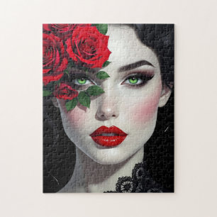 Ich liebe Dich Schöne Frau mit roter Rose Puzzle