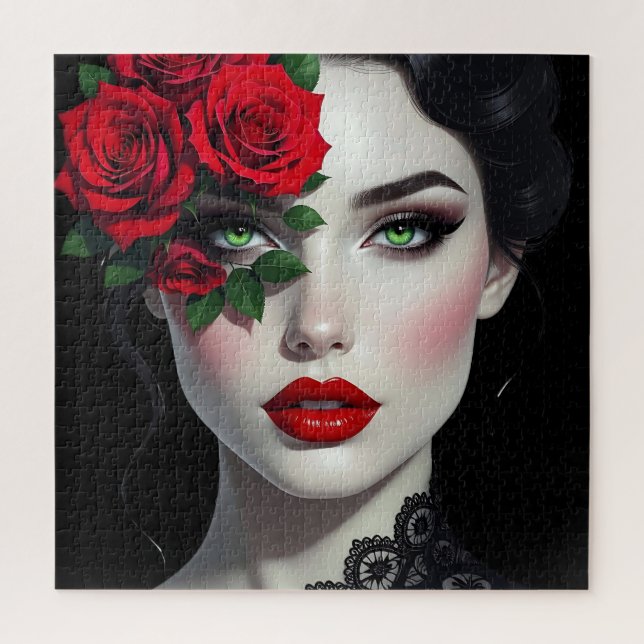 Ich liebe Dich | Schöne Frau mit roter Rose Puzzle (Vertikal)