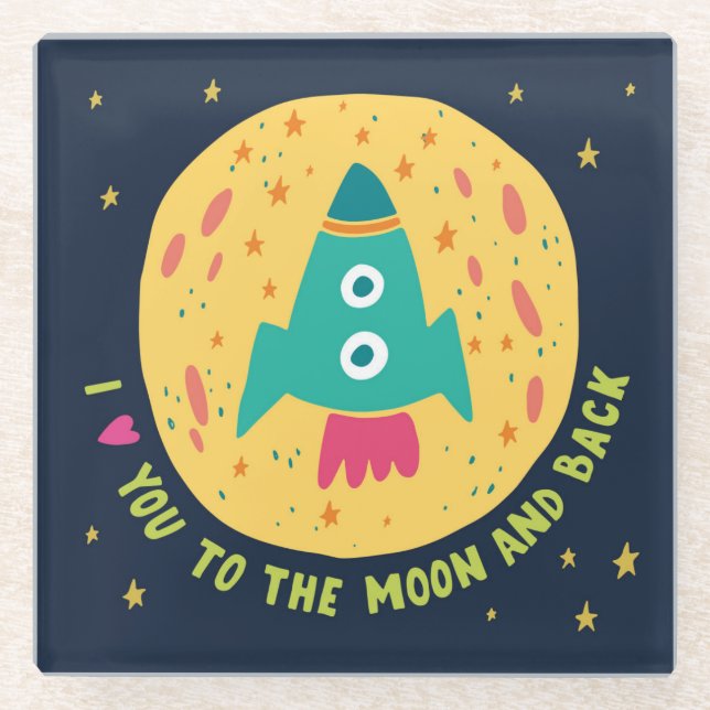Ich Liebe dich zum Mond und zur Hinterrocketship Glasuntersetzer (Vorderseite)