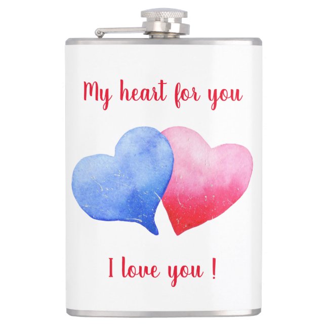 Ich Liebe dir Aquarell-Rot-Blau-Herz Flachmann (Vorderseite)