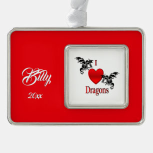 Ich liebe Drachen Name und Datum  Rahmen-Ornament Silber
