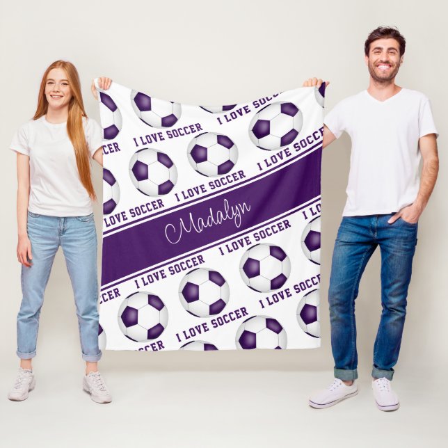 Ich Liebe Fußball-Muster Mädchen lila weiß Fleecedecke (Beispiel)