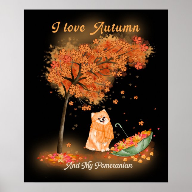 Ich Liebe Herbst und mein Spitz Dog Wasserfarbe Poster (Vorne)