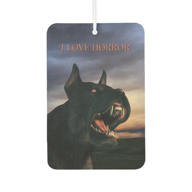 Ich liebe Horror. Großer, schwarzer Hund Autolufterfrischer (Vorderseite)