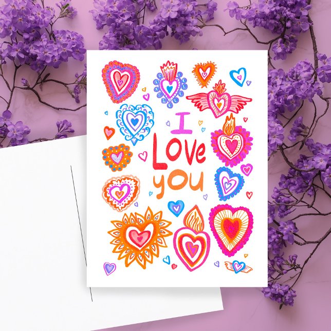 ICH LIEBE IHNEN Valentinfarbene Whimsikherzen Postkarte (I LOVE YOU Valentine Colorful Whimsical HEARTS Postcard
)