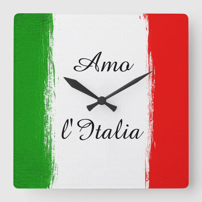 Ich Liebe Italien/Flagge von Italien. Text Quadratische Wanduhr (Vorderseite)