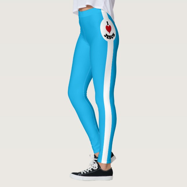 Ich Liebe Jesus, blau mit weißem Streifen Leggings (Links)