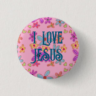 Ich liebe Jesus Christliches Mädchen Rosa Floral Button