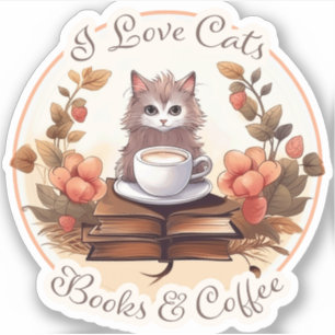 Ich Liebe Katzen, Bücher und Kaffee Aufkleber