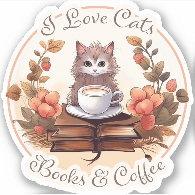 Ich Liebe Katzen, Bücher und Kaffee Aufkleber (Vorderseite)