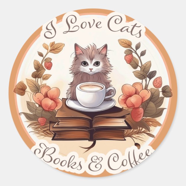 Ich Liebe Katzen, Bücher und Kaffee Runder Aufkleber (Vorderseite)