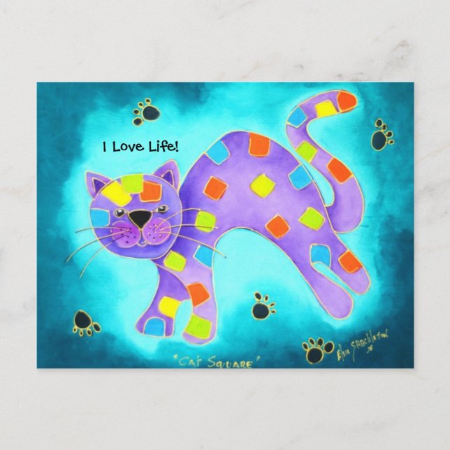 Ich Liebe Leben! - Schönes Aqua Happy Cat Postkarte (Vorderseite)