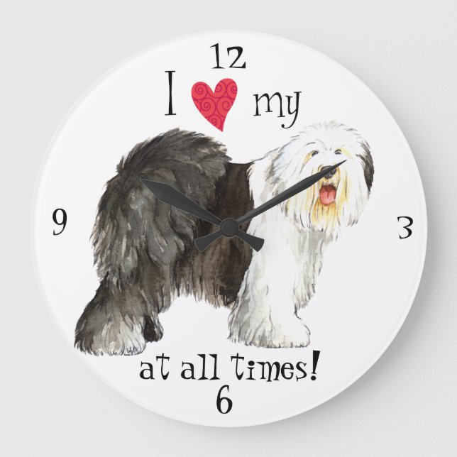 Ich Liebe mein altes Englisch Sheepdog Große Wanduhr (Vorderseite)