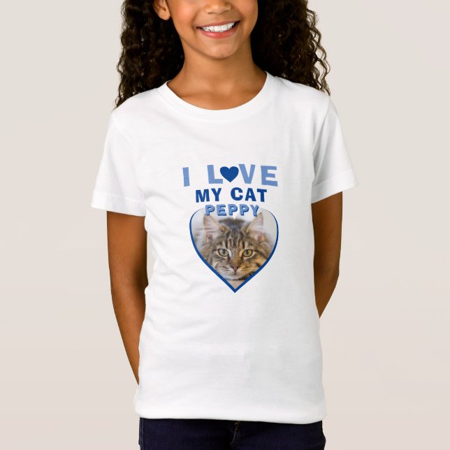 Ich Liebe mein Cat Blue Heart Foto Name T-Shirt (Vorderseite)
