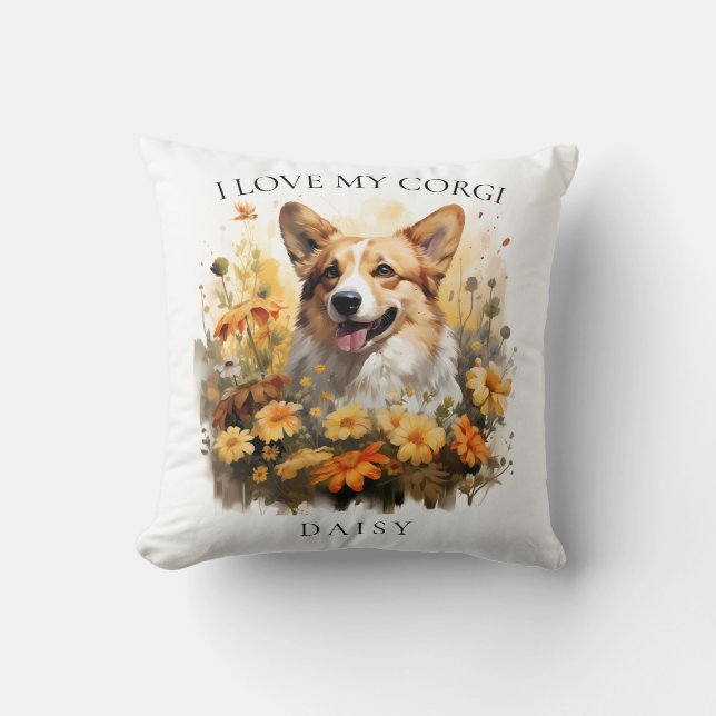 Ich Liebe mein Corgi Floral Dog Portrait Kissen (Vorderseite)