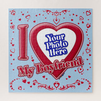 Ich Liebe mein Freund Foto Red Hearts Light Blue Puzzle