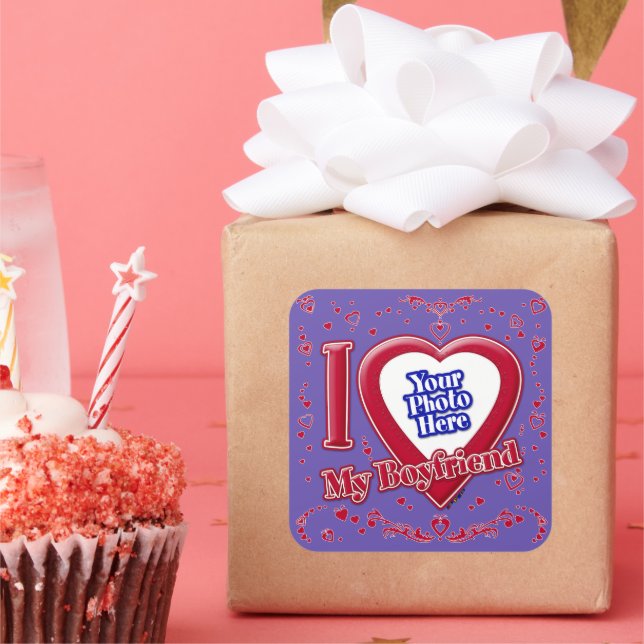 Ich Liebe Mein Freund Foto Red Hearts Lila Quadratischer Aufkleber (Party)