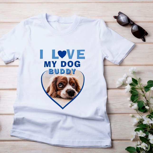 Ich Liebe mein Hund Blue Heart Foto Pet Name T-Shirt (Von Creator hochgeladen)