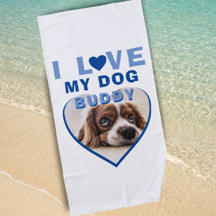 Ich Liebe mein Hund Blue Heart Pet Name Foto Strandtuch