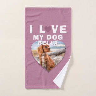Ich Liebe mein Hund rosa Herz Pet Name Foto Badhandtuch Set